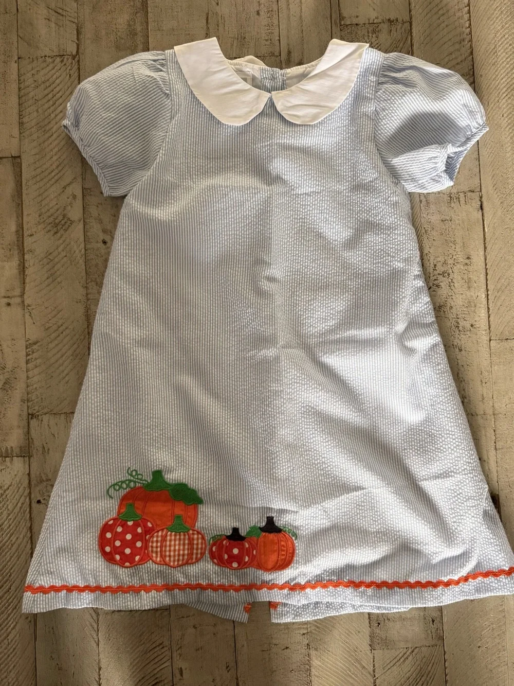 Lil Cactus Kids Pumpkin Appliqué Seersucker Dress - Light Blue Size 6Y